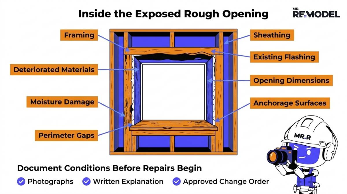Exposed rough window opening with inspection points for framing, sheathing, flashing, dimensions, gaps, and damaged materials.